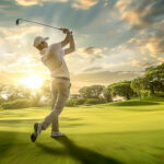 Vertical image of Golfer swinging club on lush green golf course at sunset